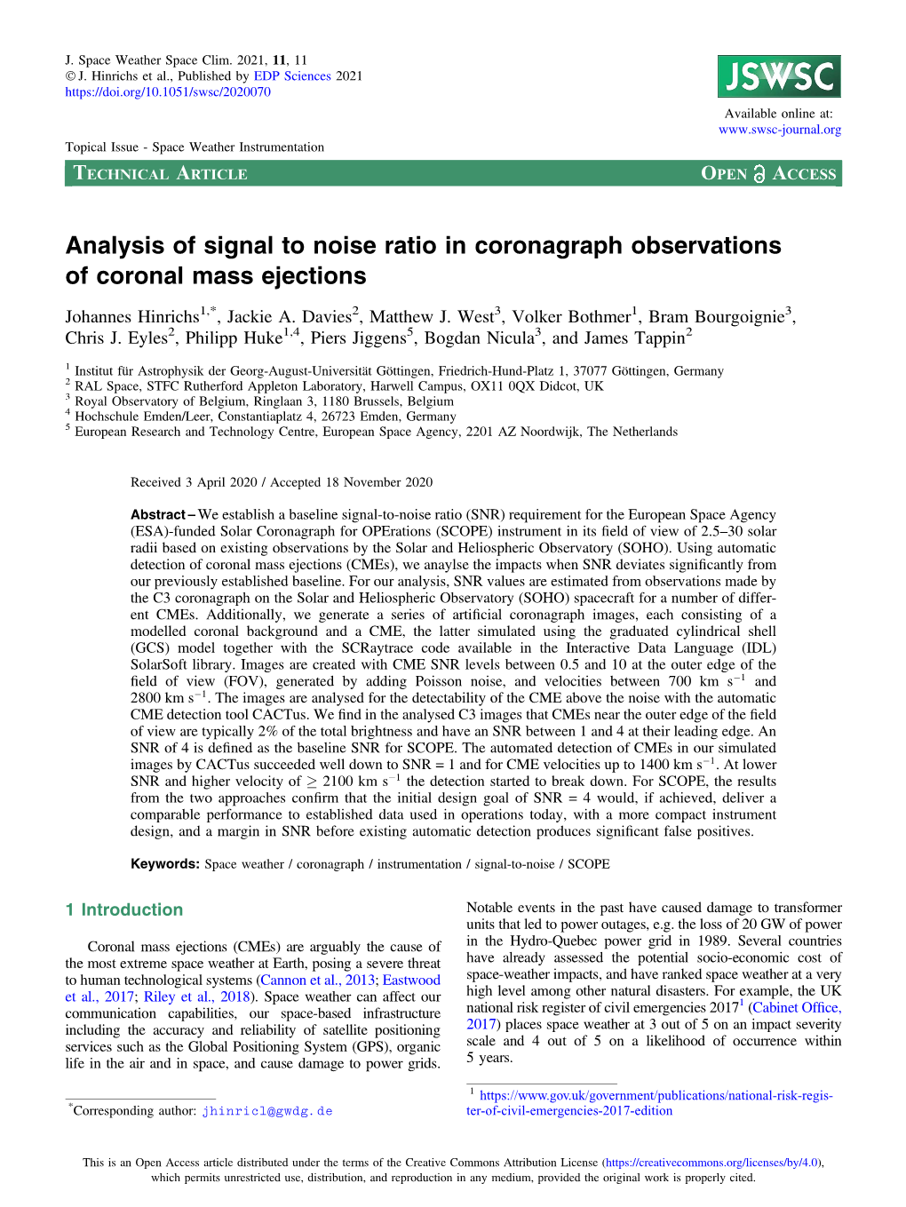 Analysis of Signal to Noise Ratio in Coronagraph Observations of Coronal Mass Ejections