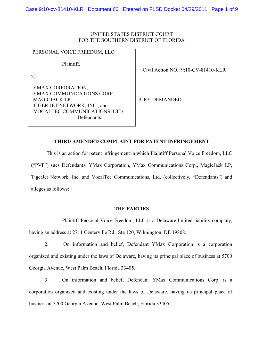 Document 60 Entered on FLSD Docket 04/29/2011 Page 1 of 9