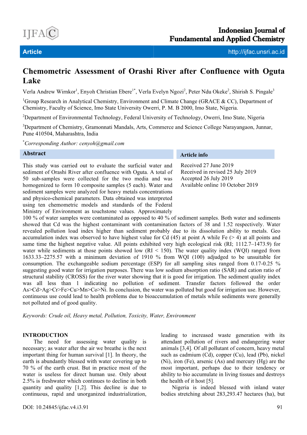 Chemometric Assessment of Orashi River After Confluence with Oguta