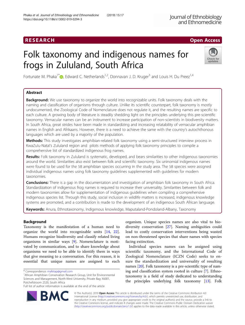 Folk Taxonomy and Indigenous Names for Frogs in Zululand, South Africa Fortunate M