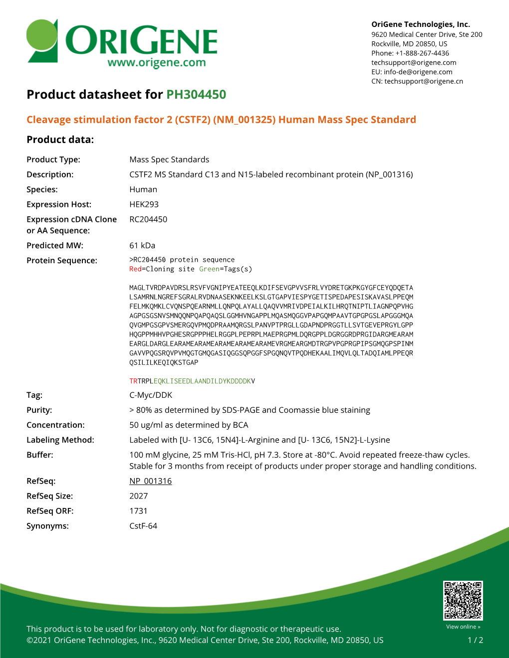 Cleavage Stimulation Factor 2 (CSTF2) (NM 001325) Human Mass Spec Standard Product Data