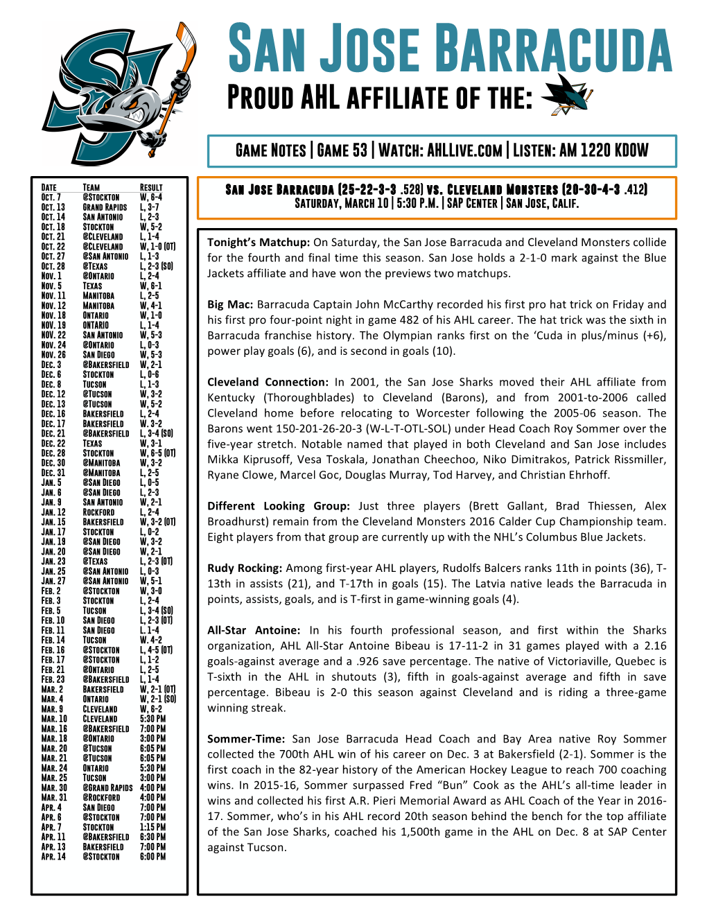 San Jose Barracuda Proud AHL Affiliate of The