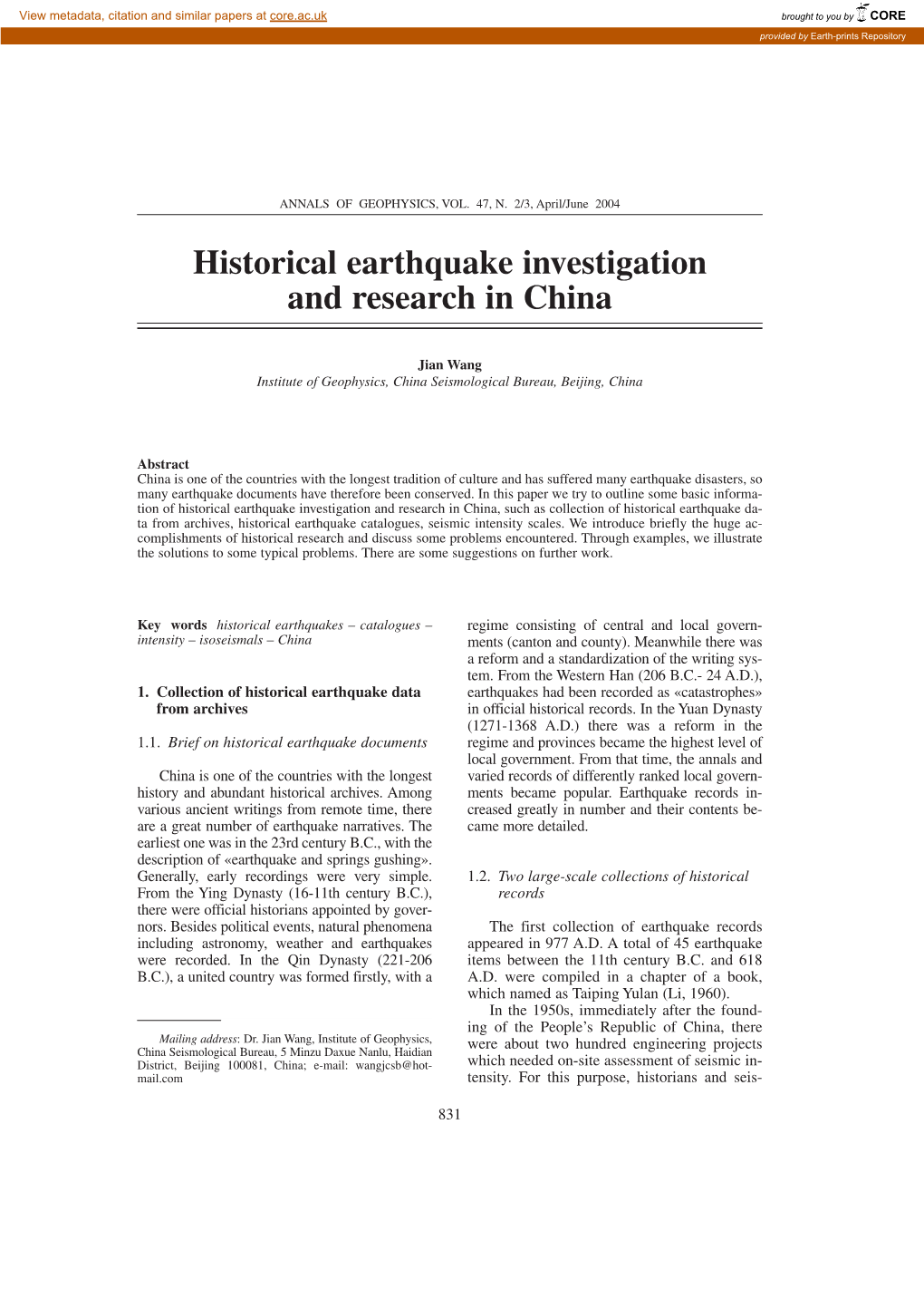 Historical Earthquake Investigation and Research in China