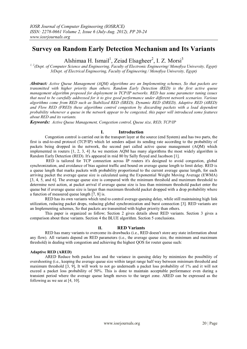 Survey on Random Early Detection Mechanism and Its Variants