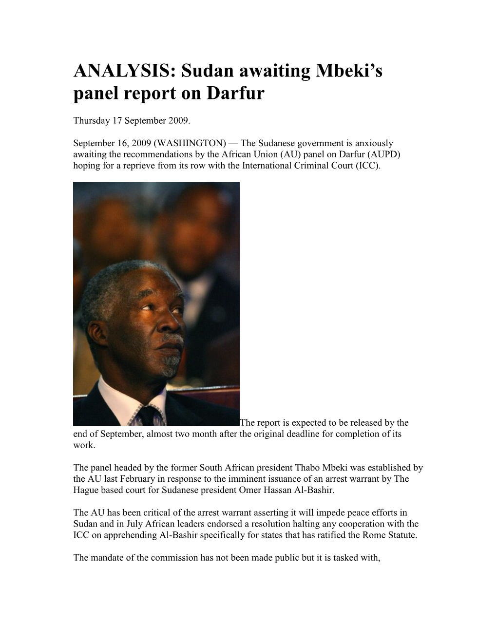 ANALYSIS: Sudan Awaiting Mbeki's Panel Report on Darfur