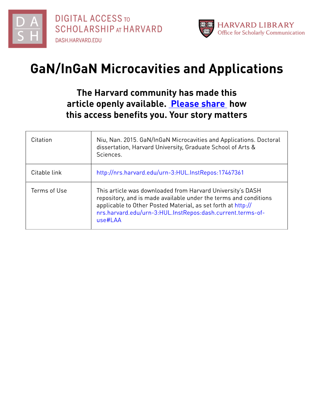 Gan/Ingan Microcavities and Applications