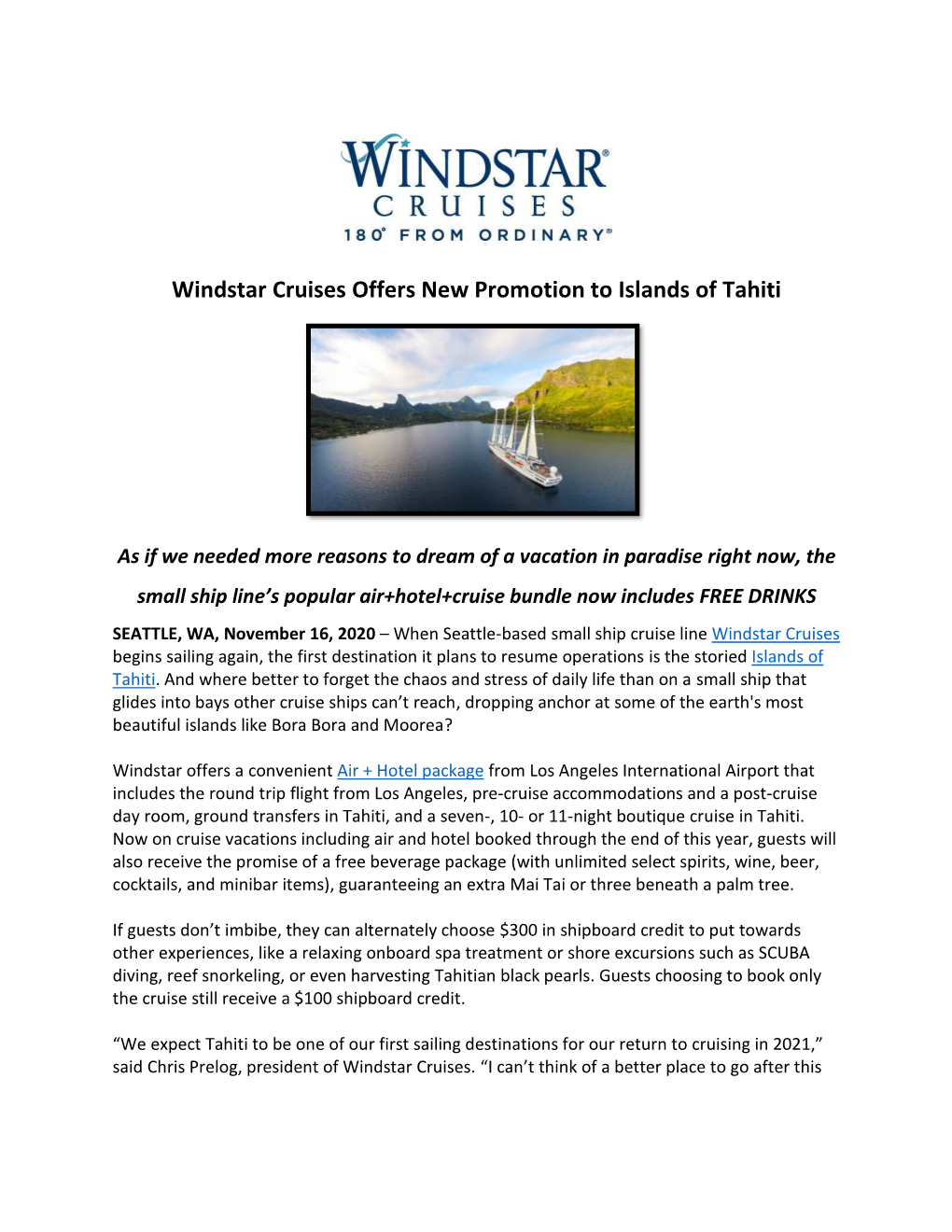 Windstar Cruises Offers New Promotion to Islands of Tahiti