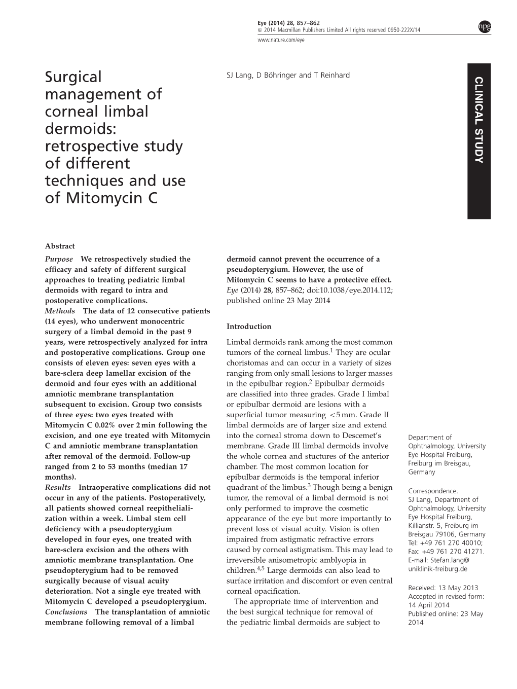 Surgical Management of Corneal Limbal Dermoids SJ Lang Et Al 858