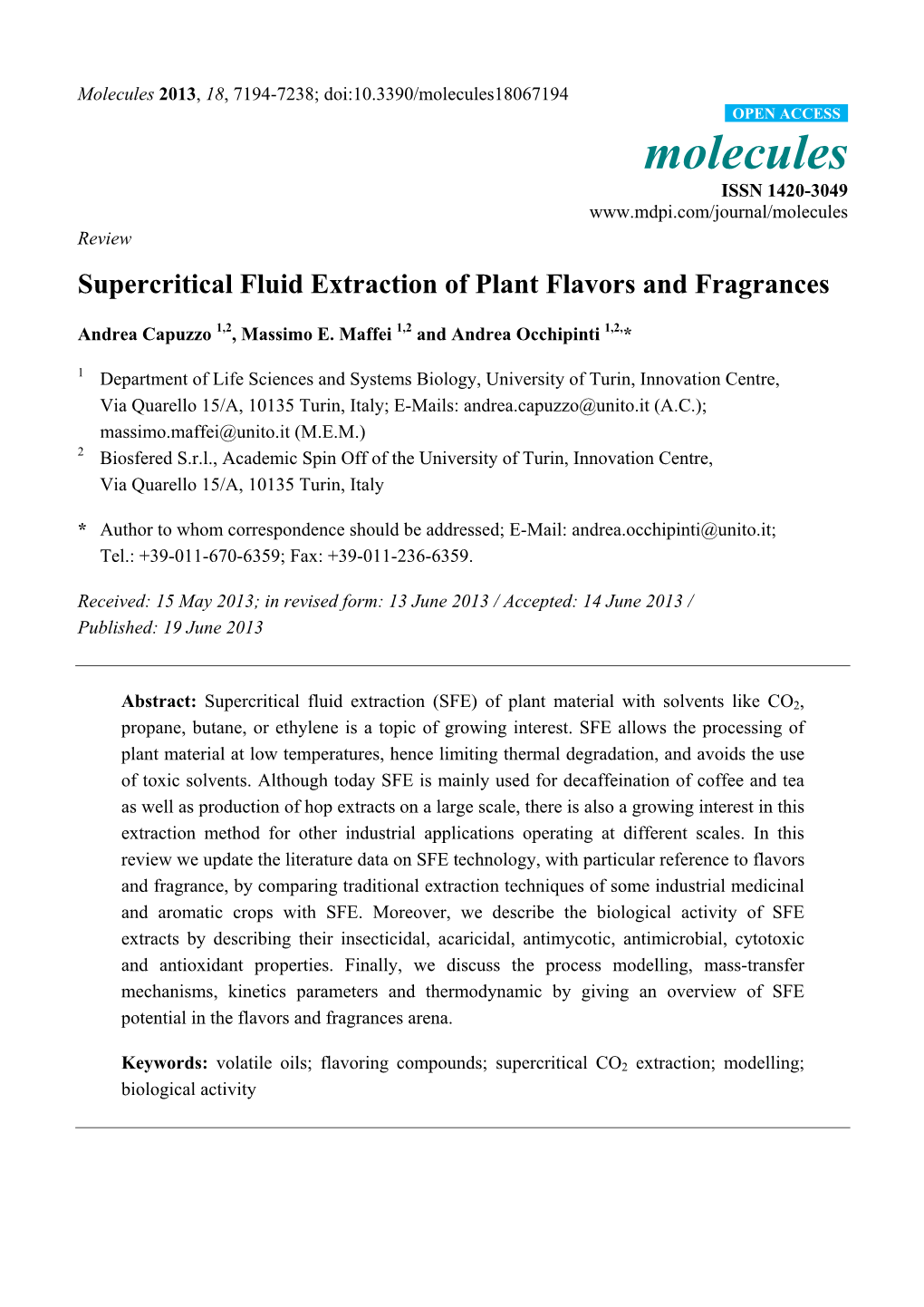 Supercritical Fluid Extraction of Plant Flavors and Fragrances