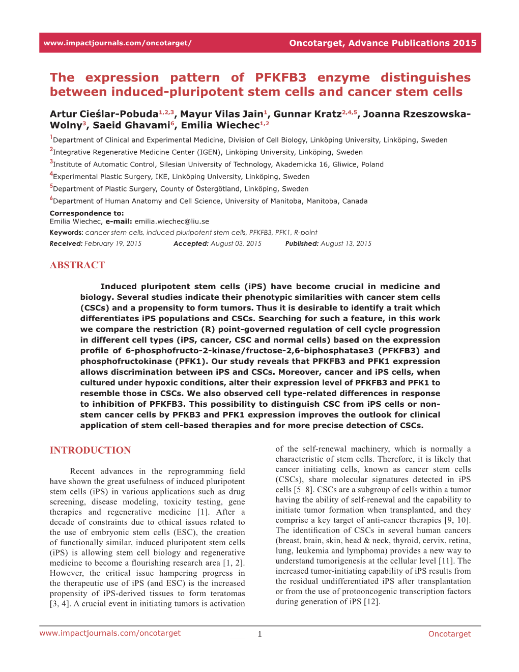 The Expression Pattern of PFKFB3 Enzyme Distinguishes Between Induced-Pluripotent Stem Cells and Cancer Stem Cells