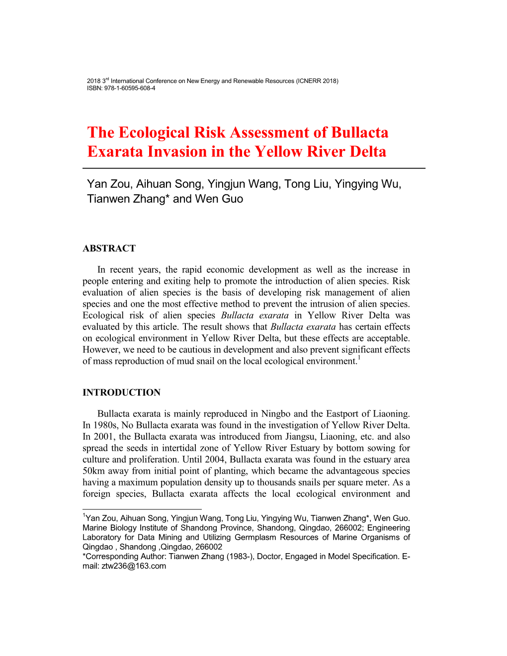 The Ecological Risk Assessment of Bullacta Exarata Invasion in The