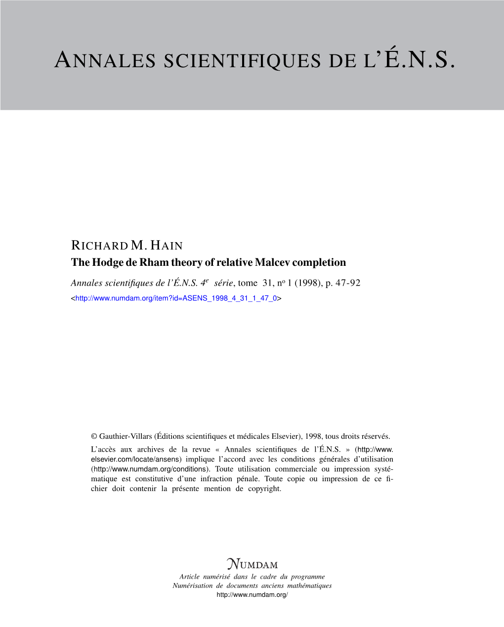 The Hodge De Rham Theory of Relative Malcev Completion