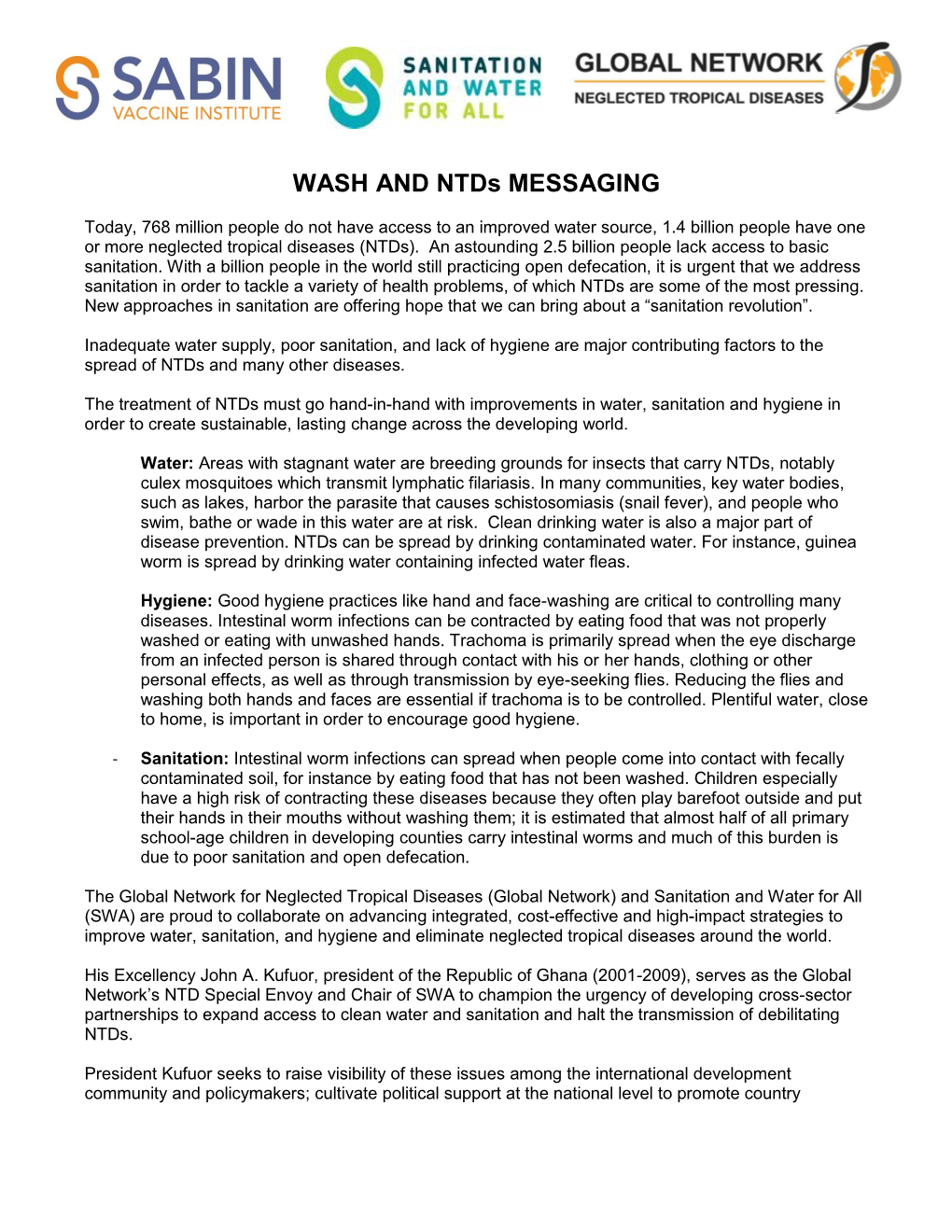 SWA & Global Networks Joint Message on WASH and Ntds