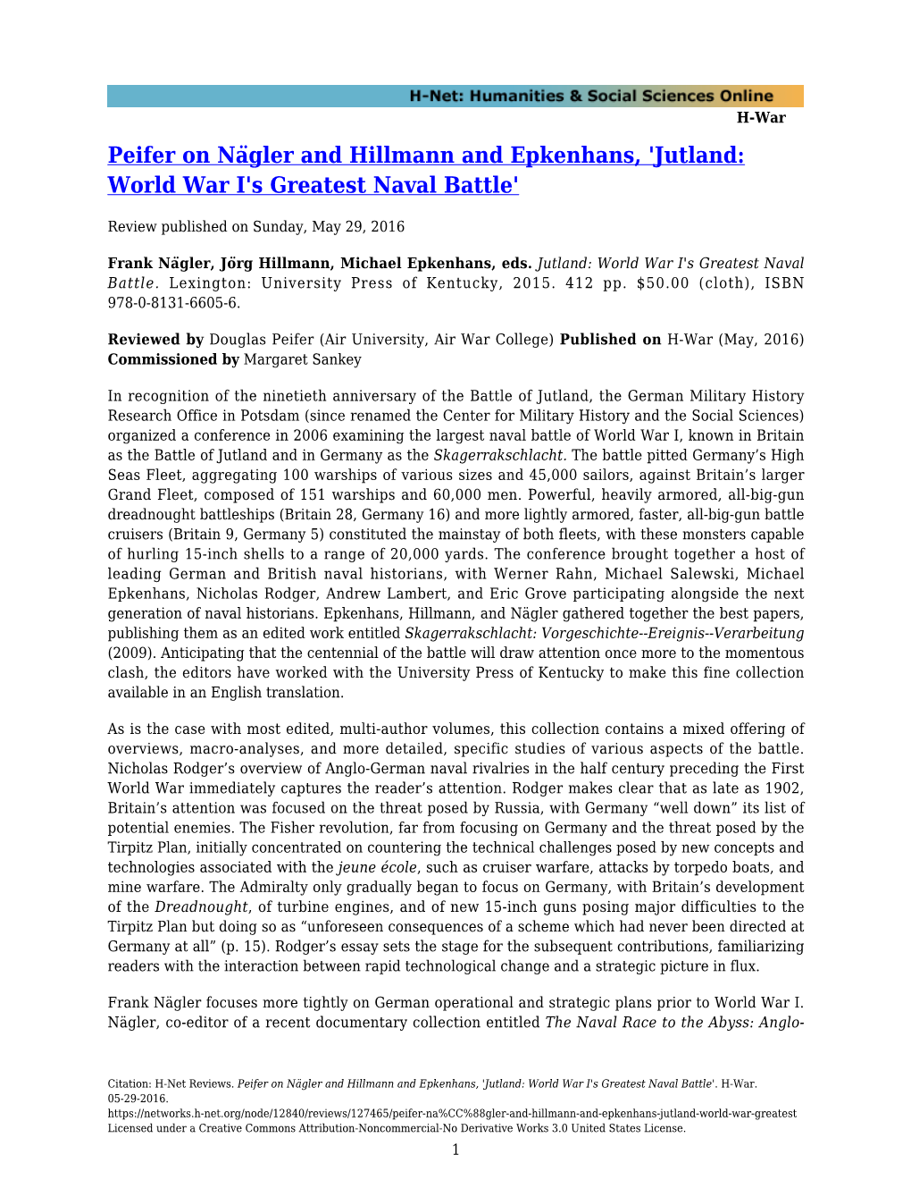 Peifer on Nägler and Hillmann and Epkenhans, 'Jutland