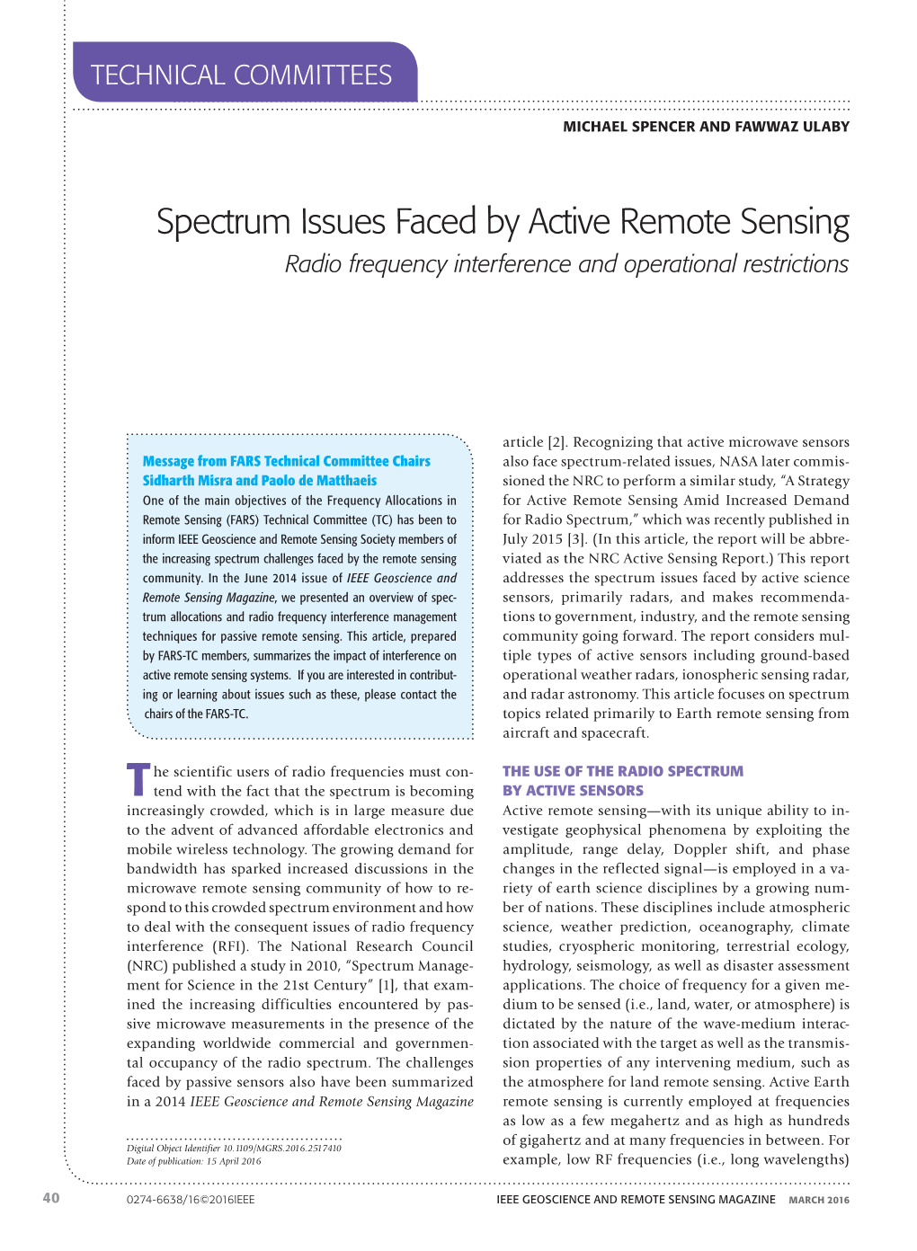 Spectrum Issues Faced by Active Remote Sensing Radio Frequency Interference and Operational Restrictions