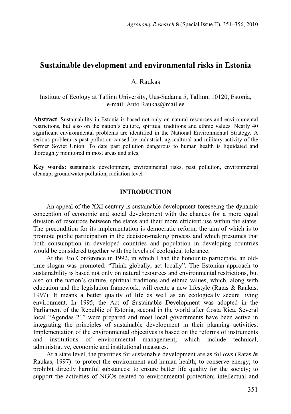 Sustainable Development and Environmental Risks in Estonia
