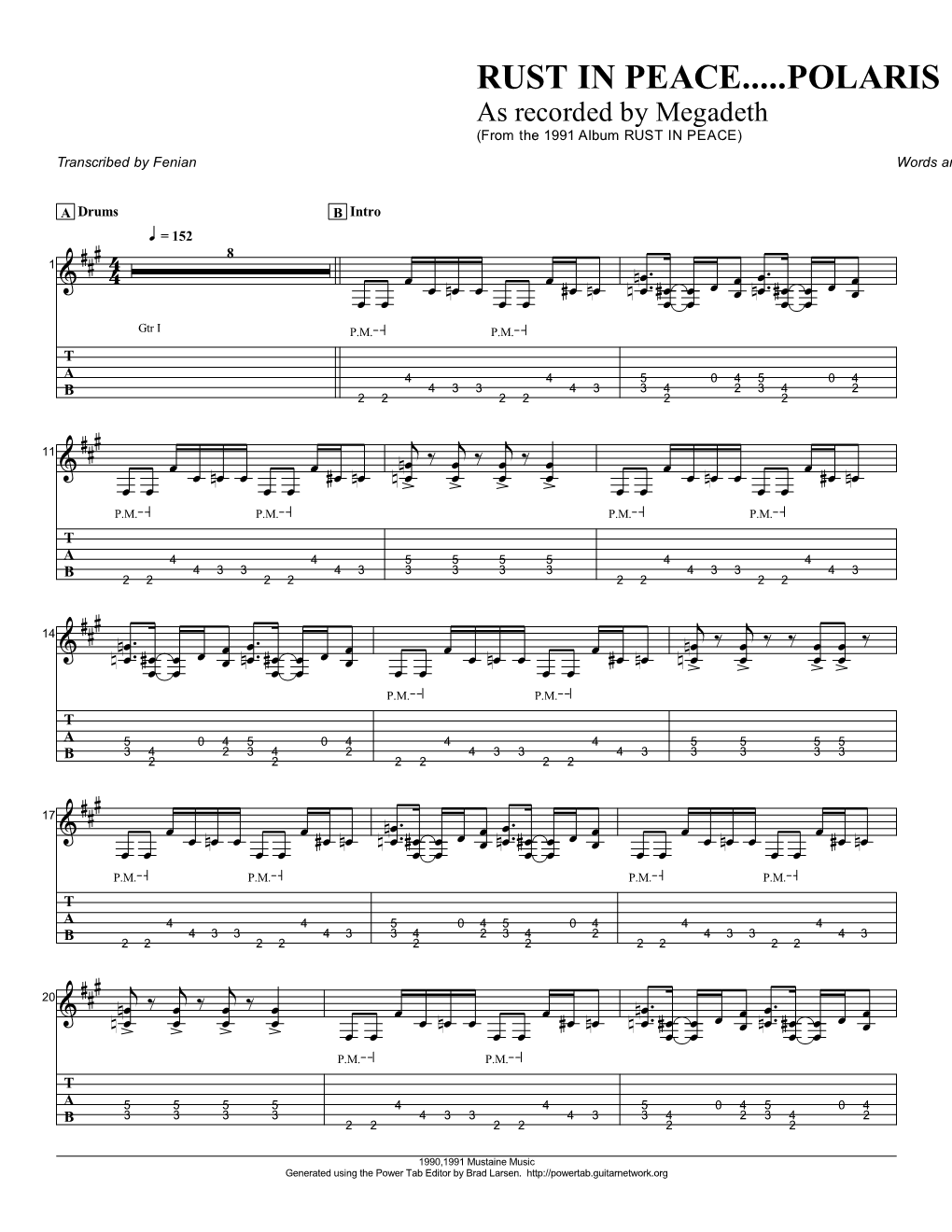 Megadeth (From the 1991 Album RUST in PEACE) Transcribed by Fenian Words and Music by Dave Mustaine