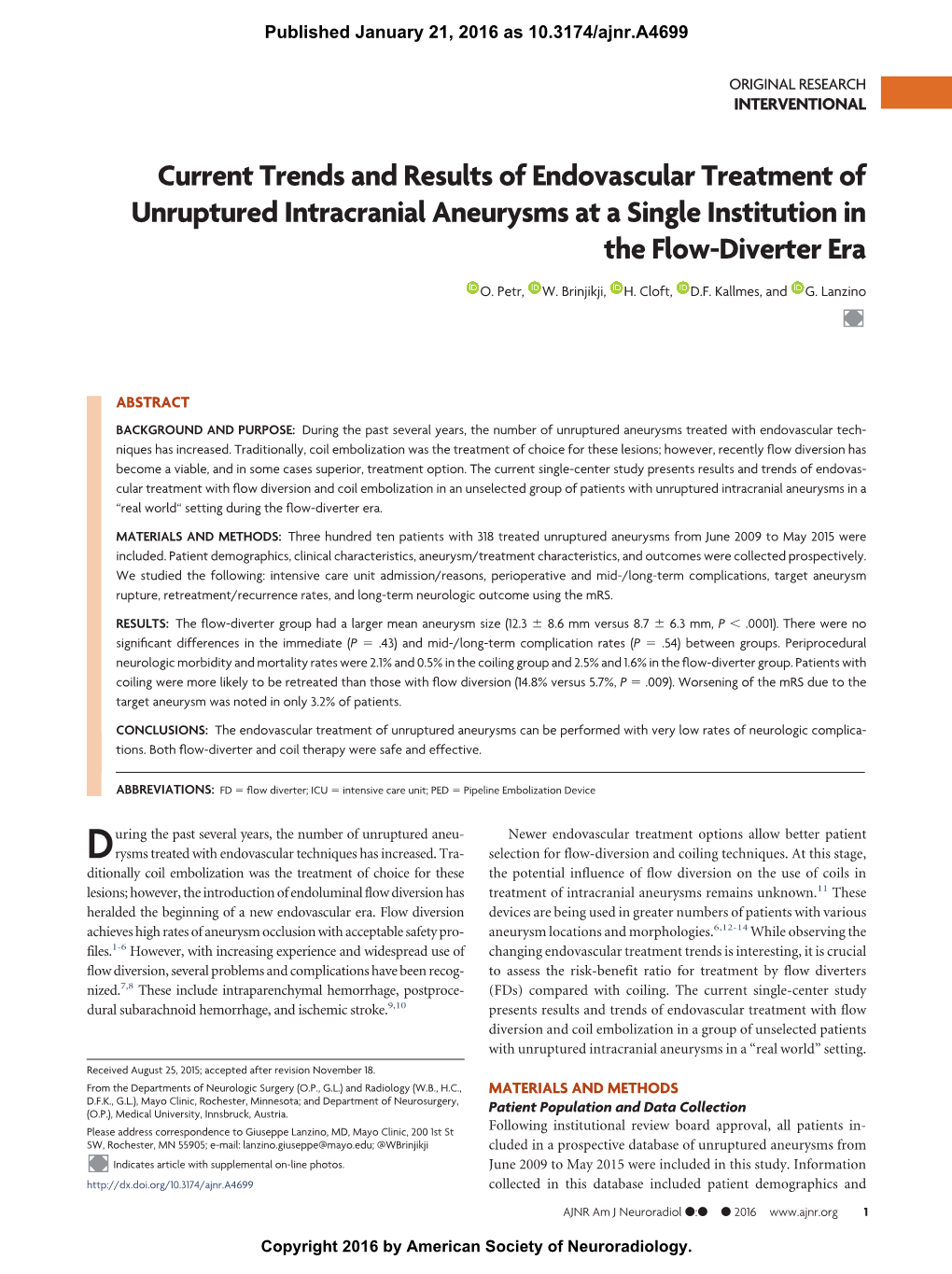 Current Trends and Results of Endovascular Treatment of Unruptured Intracranial Aneurysms at a Single Institution in the Flow-Diverter Era