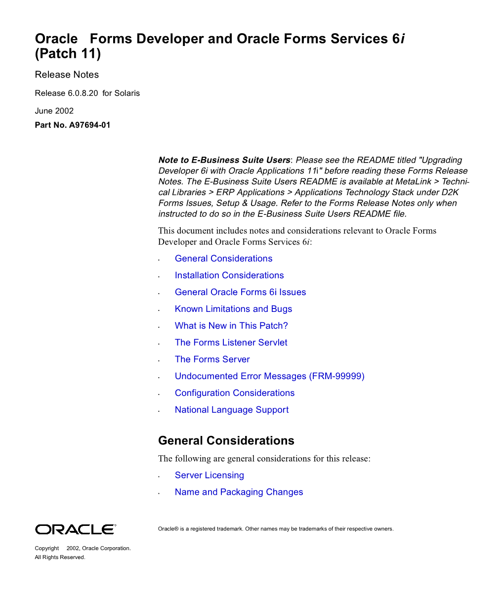 Forms Developer and Oracle Forms Services 6I (Patch 11) Release Notes