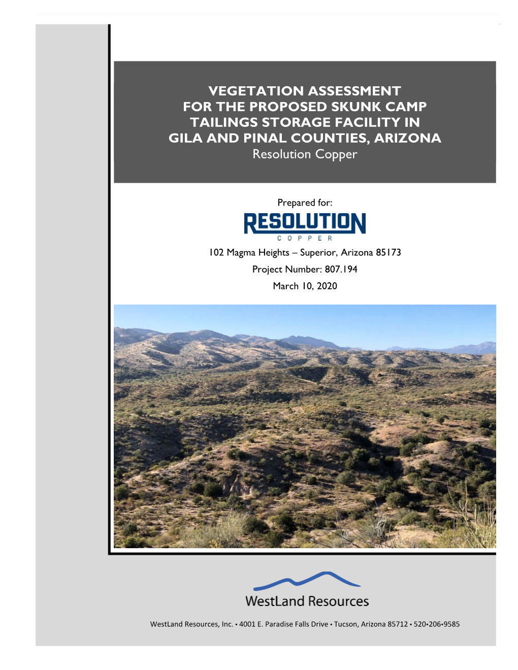 VEGETATION ASSESSMENT for the PROPOSED SKUNK CAMP TAILINGS STORAGE FACILITY in GILA and PINAL COUNTIES, ARIZONA Resolution Copper