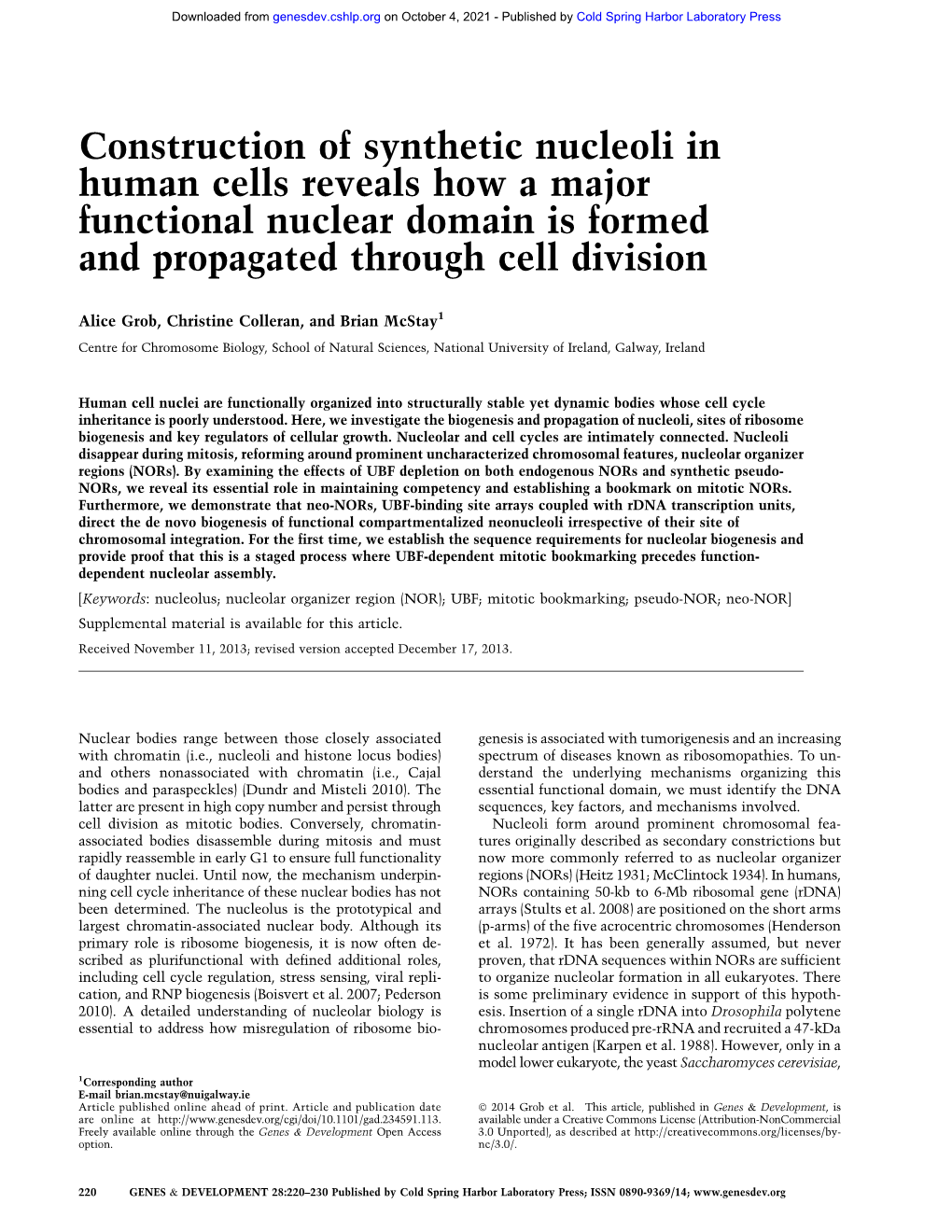 Construction of Synthetic Nucleoli in Human Cells Reveals How a Major Functional Nuclear Domain Is Formed and Propagated Through Cell Division