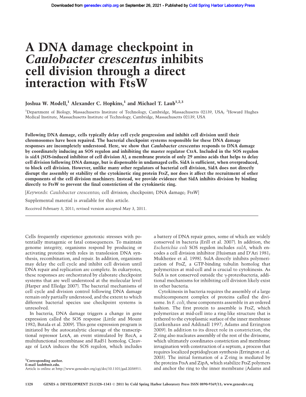 A DNA Damage Checkpoint in Caulobacter Crescentus Inhibits Cell Division Through a Direct Interaction with Ftsw