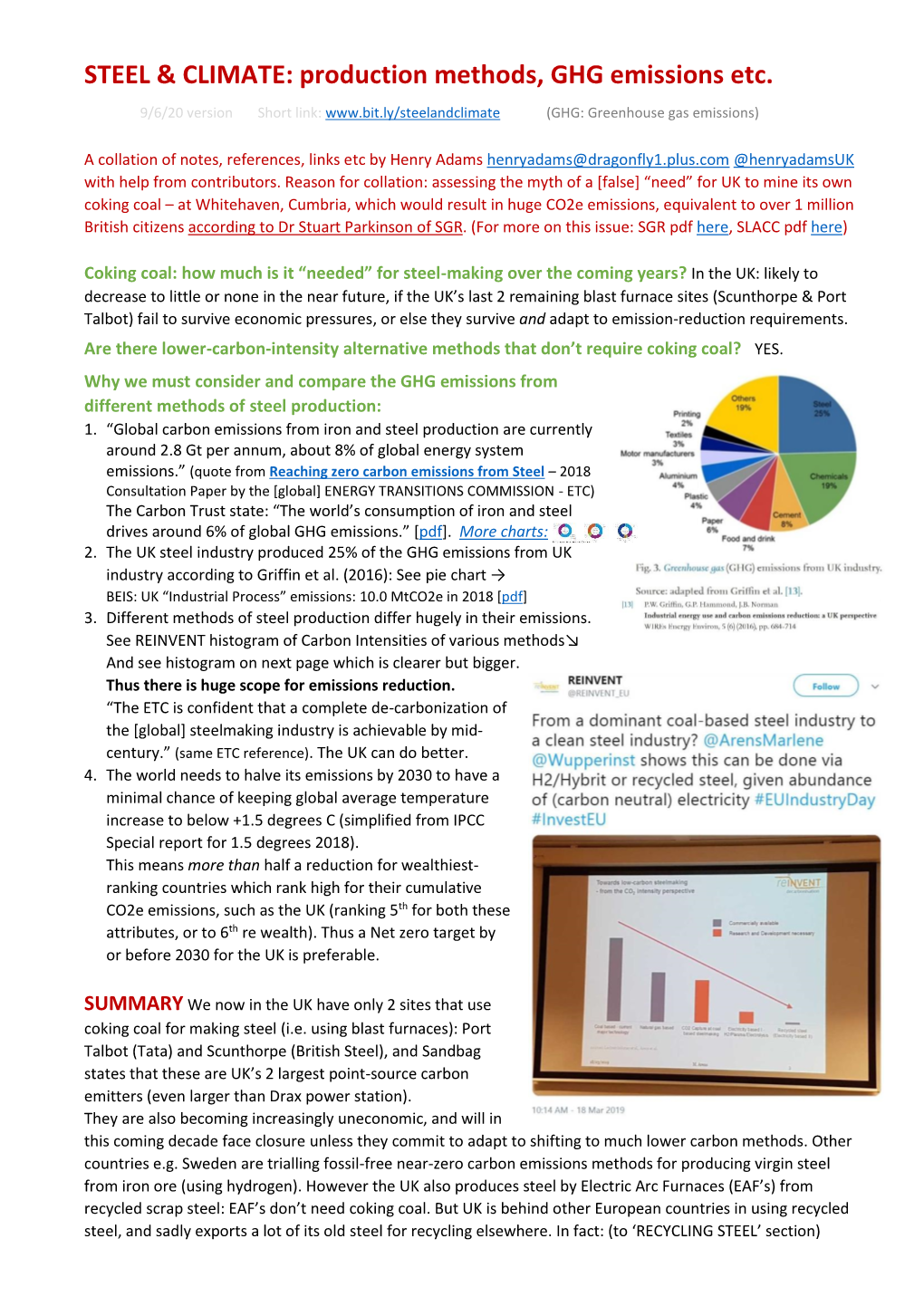 STEEL & CLIMATE: Production Methods, GHG Emissions Etc