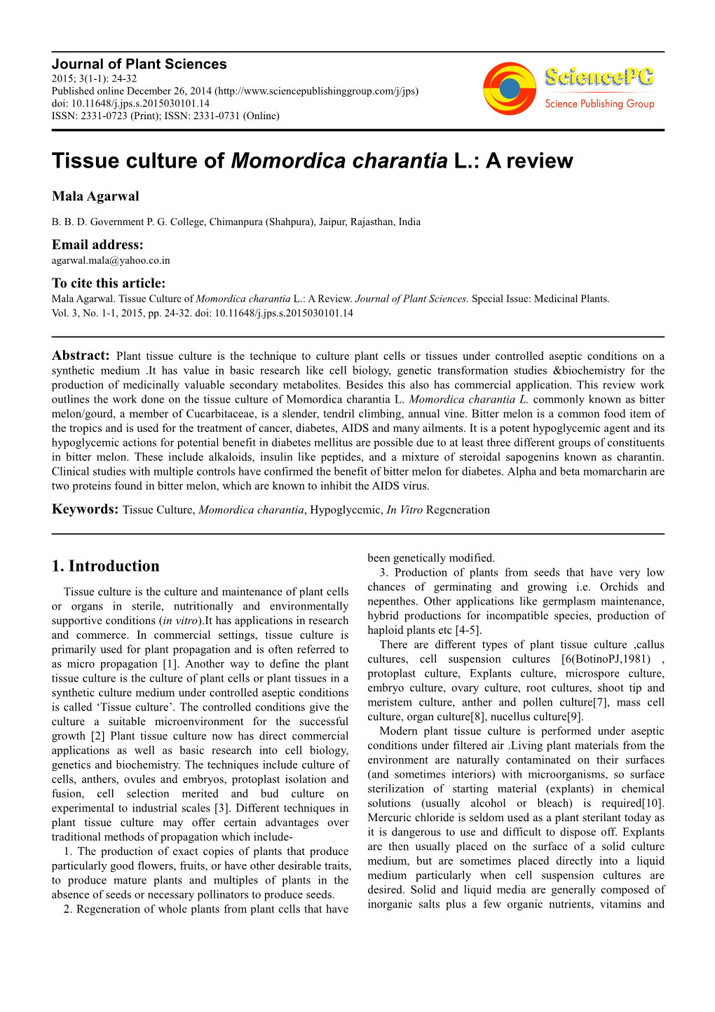 Tissue Culture of Momordica Charantia L.: a Review
