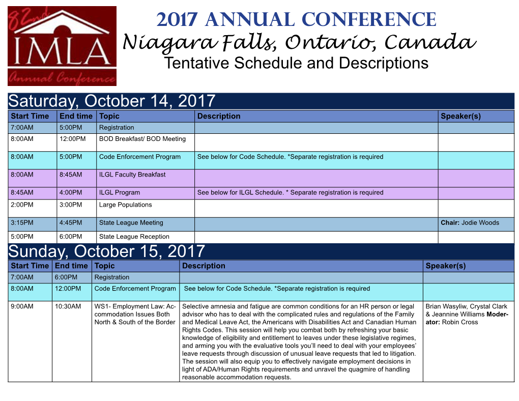 2017 Annual Conference Niagara Falls, Ontario, Canada Tentative Schedule and Descriptions