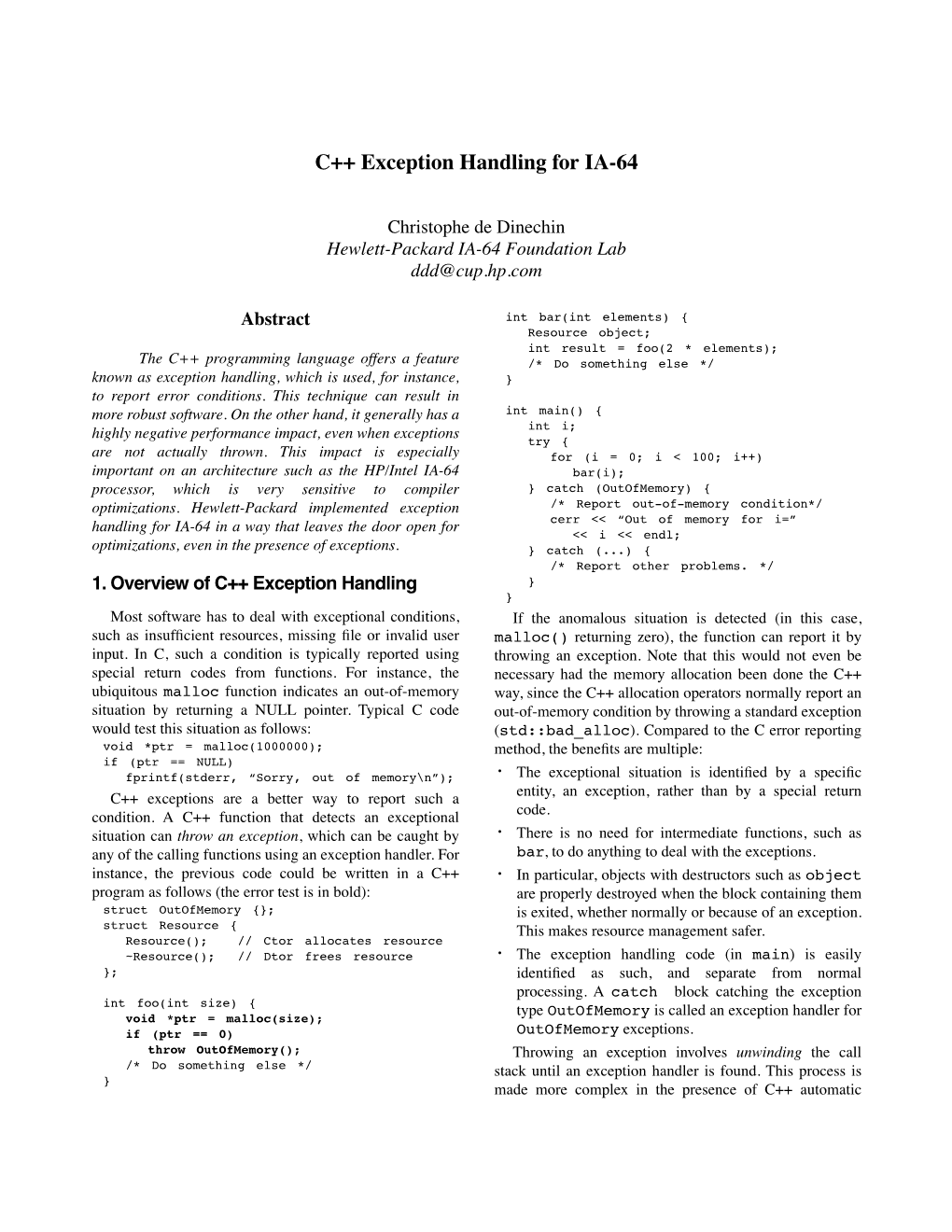 C++ Exception Handling for IA-64