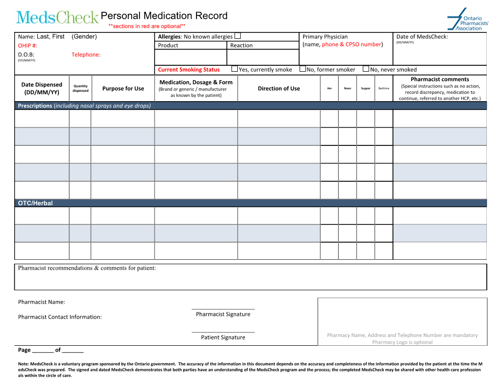 Form 2: Personal Medication Record