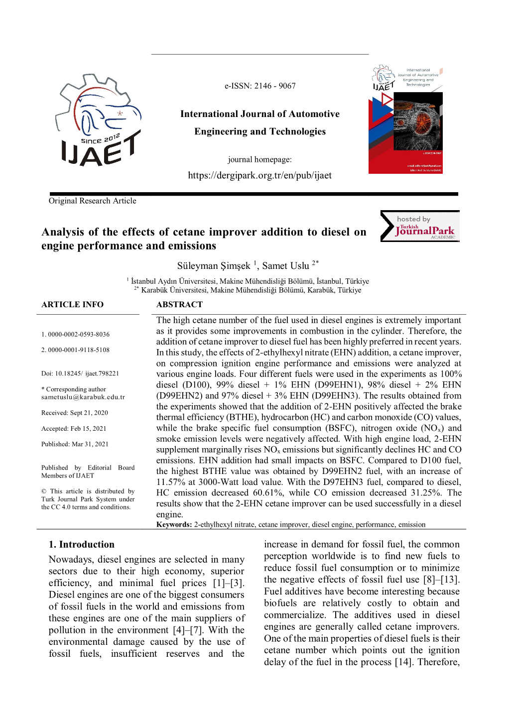 Analysis of the Effects of Cetane Improver Addition to Diesel On