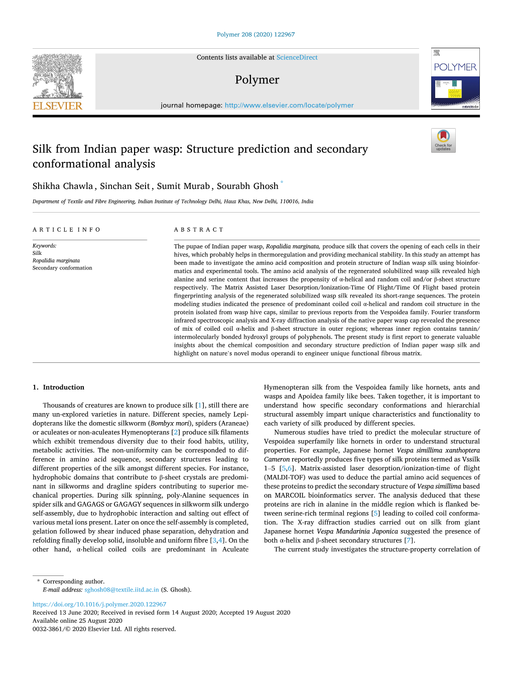 Silk from Indian Paper Wasp: Structure Prediction and Secondary Conformational Analysis