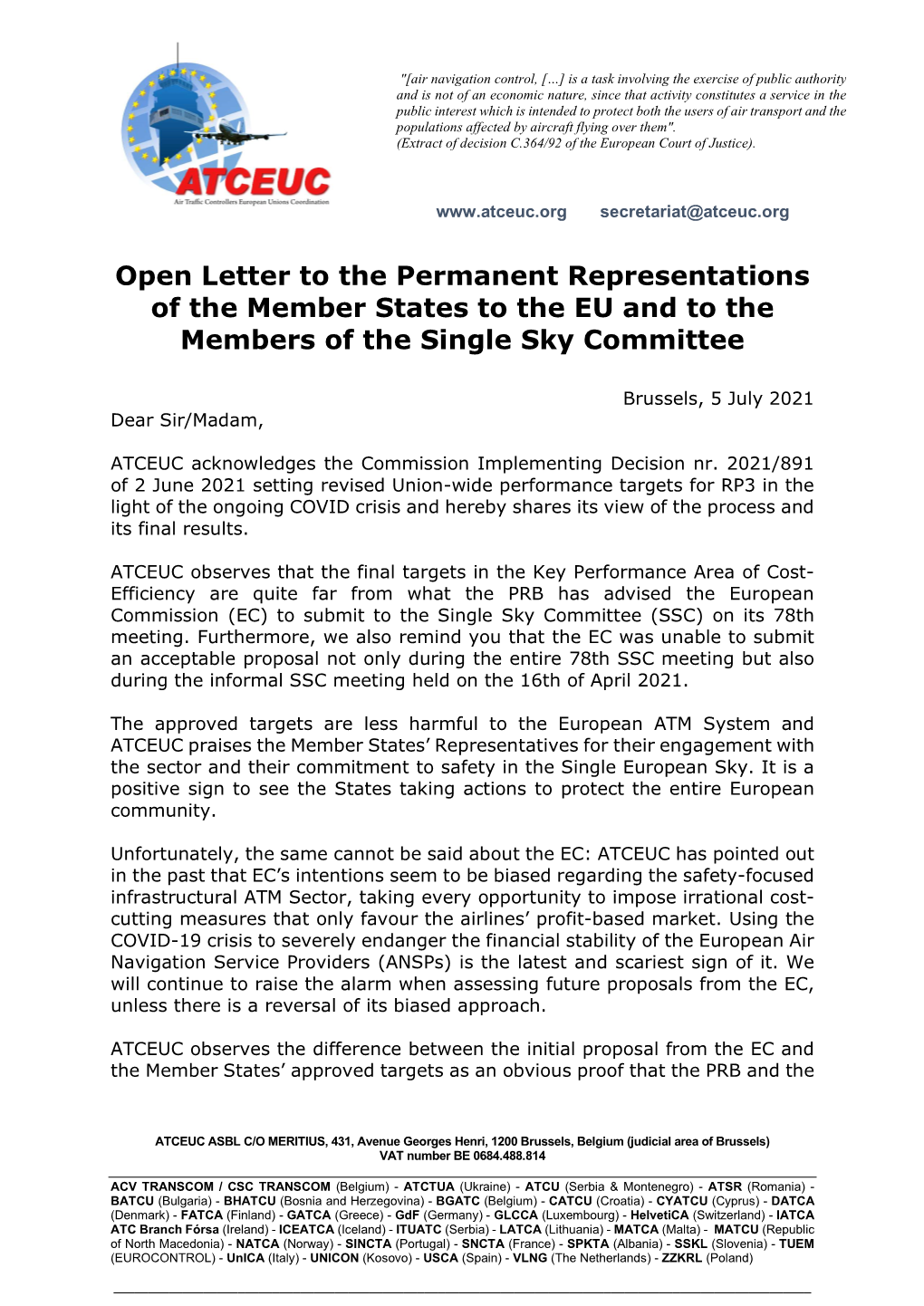 Open Letter to the Permanent Representations of the Member States to the EU and to the Members of the Single Sky Committee