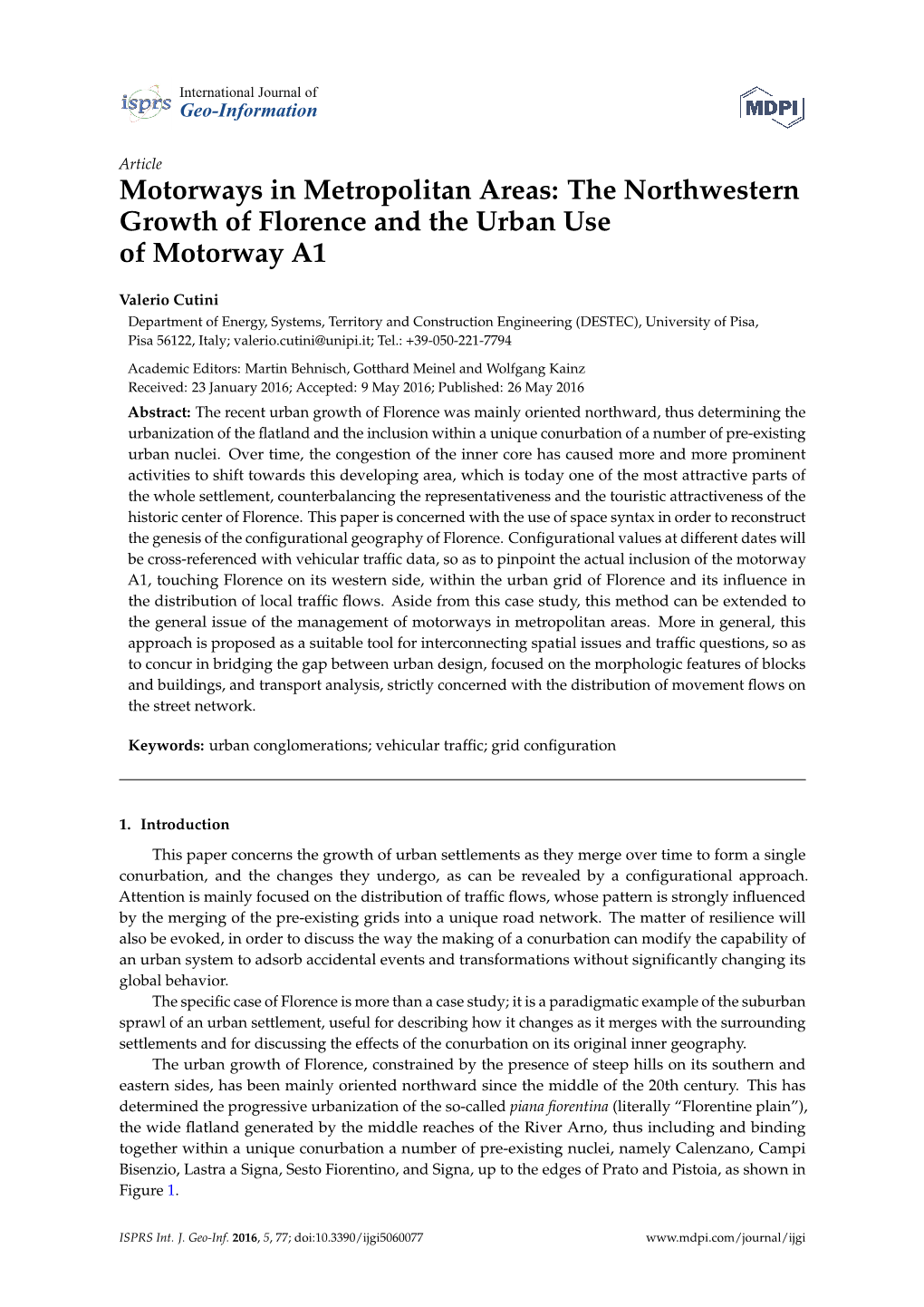 The Northwestern Growth of Florence and the Urban Use of Motorway A1