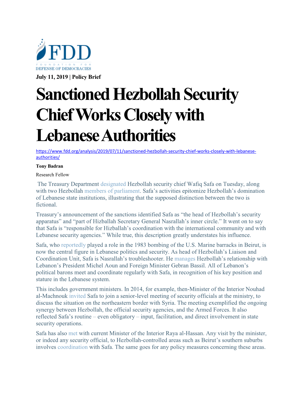 Sanctioned Hezbollah Security Chief Works Closely with Lebanese