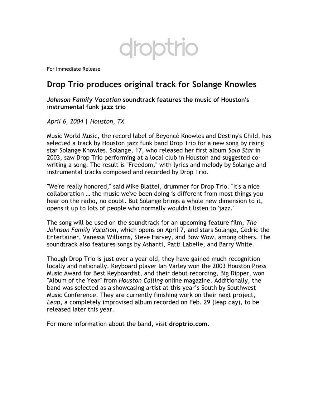 Drop Trio Produces Original Track for Solange Knowles