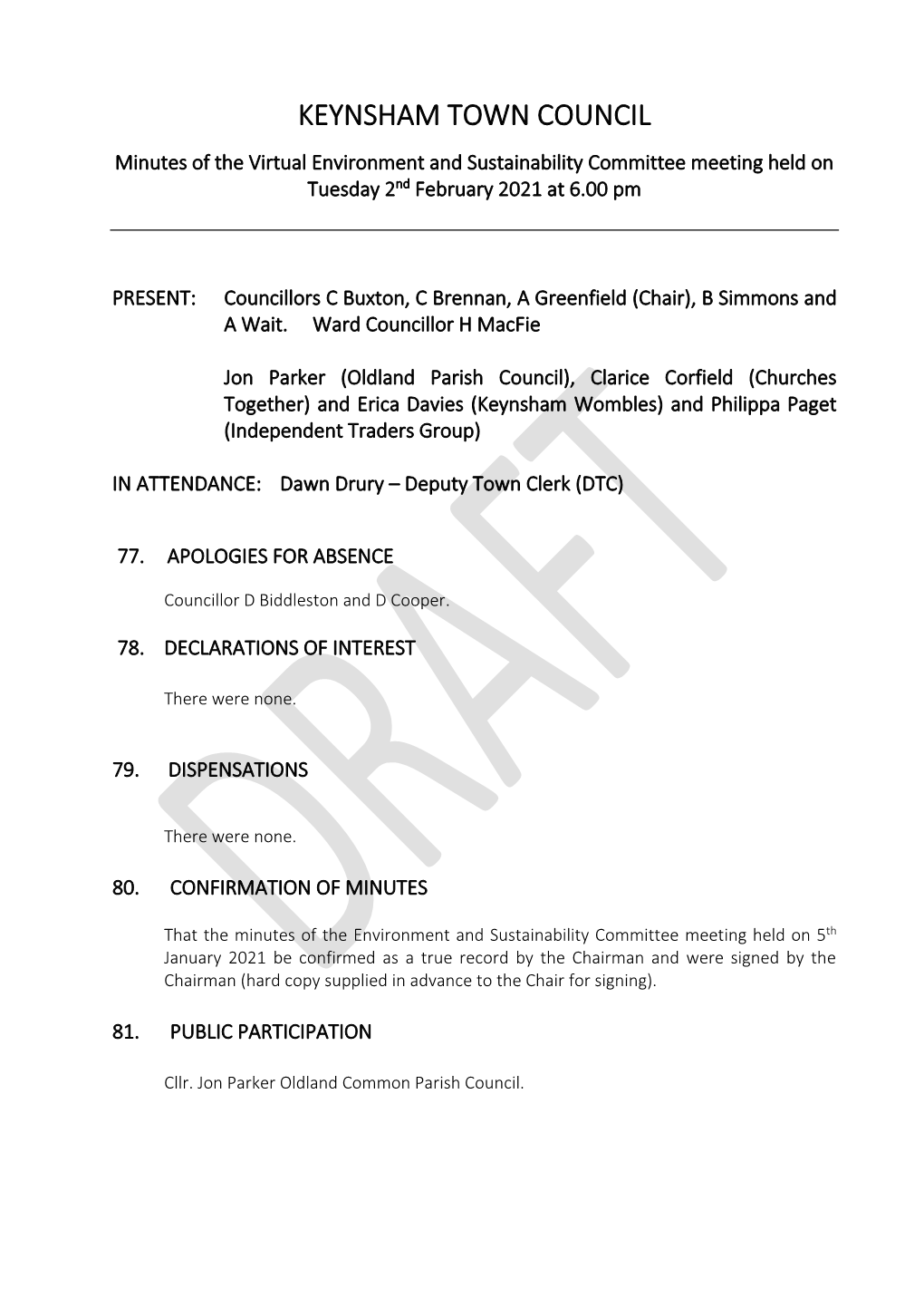 Minutes of the Virtual Environment and Sustainability Committee Meeting Held on Tuesday 2Nd February 2021 at 6.00 Pm