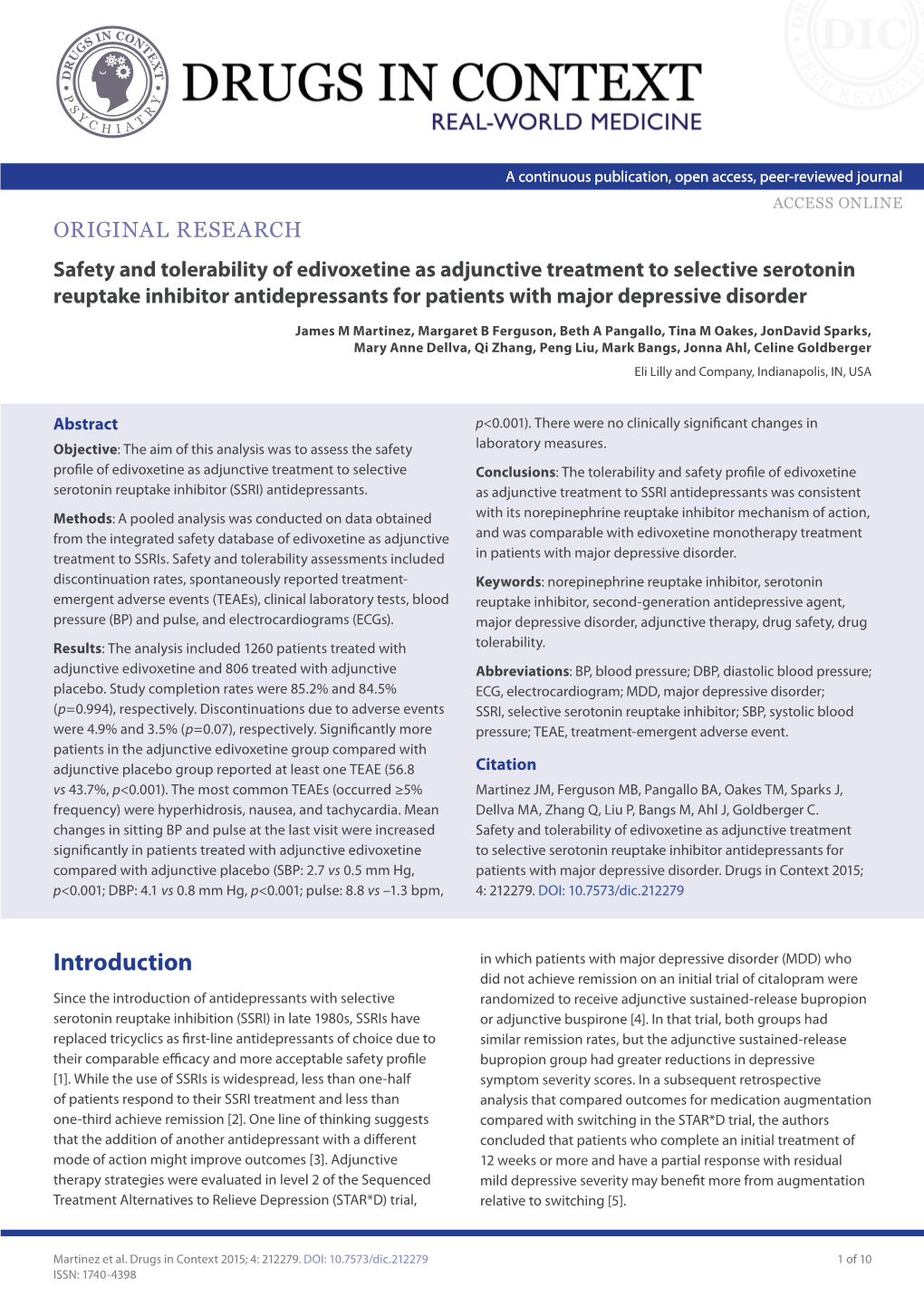 Safety and Tolerability of Edivoxetine As Adjunctive Treatment to Selective Serotonin Reuptake Inhibitor Antidepressants for Patients with Major Depressive Disorder