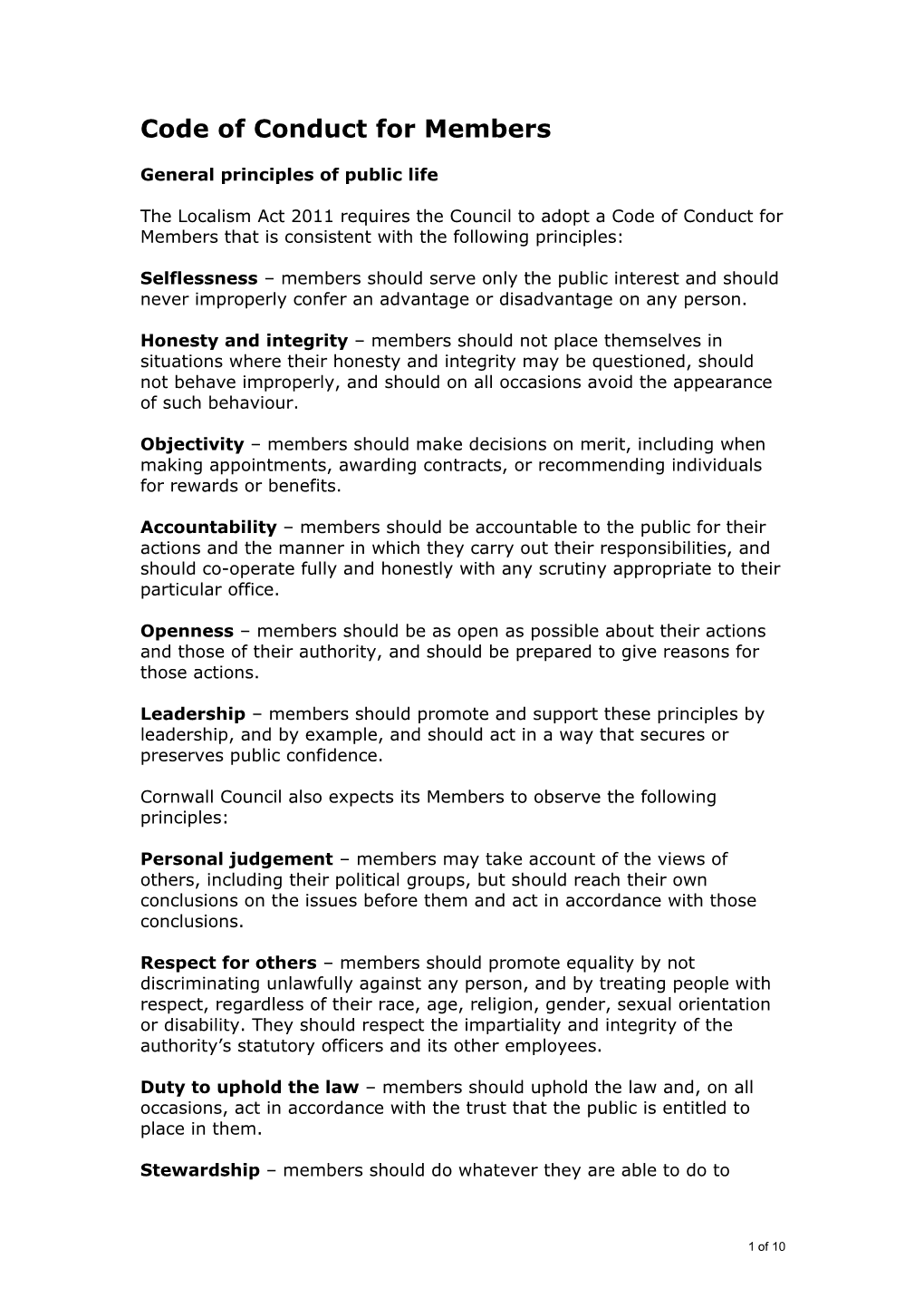 Cornwall Council Code of Conduct