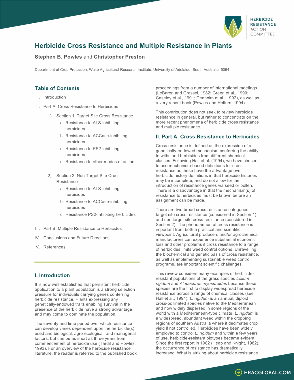 Herbicide Cross Resistance and Multiple Resistance in Plants