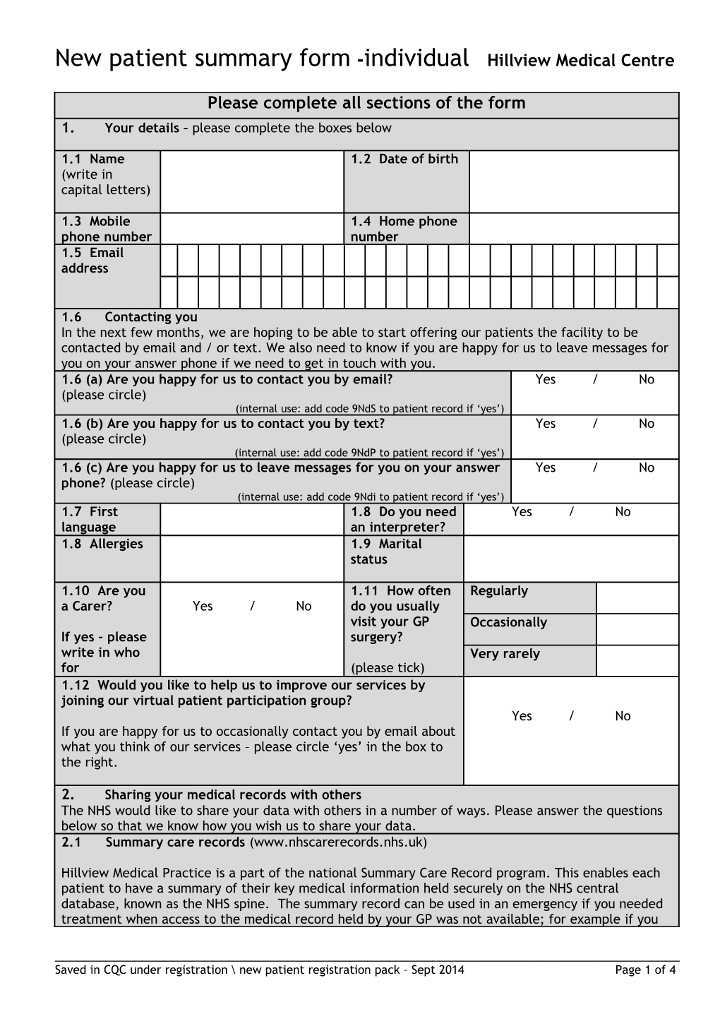 New Patient Summary Sheet