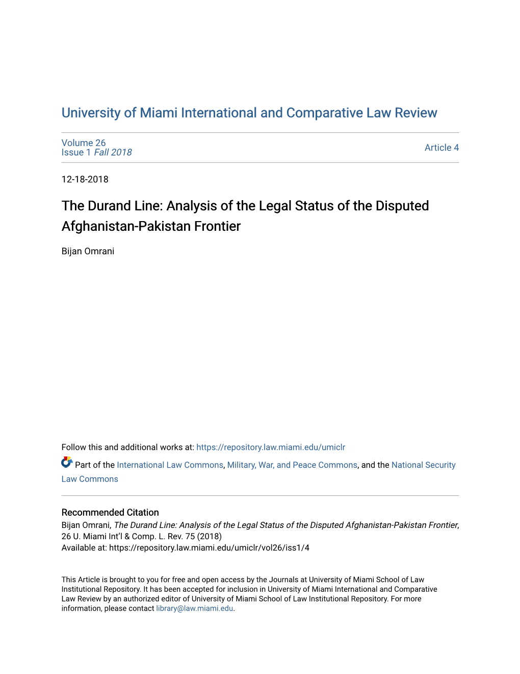 The Durand Line: Analysis of the Legal Status of the Disputed Afghanistan-Pakistan Frontier