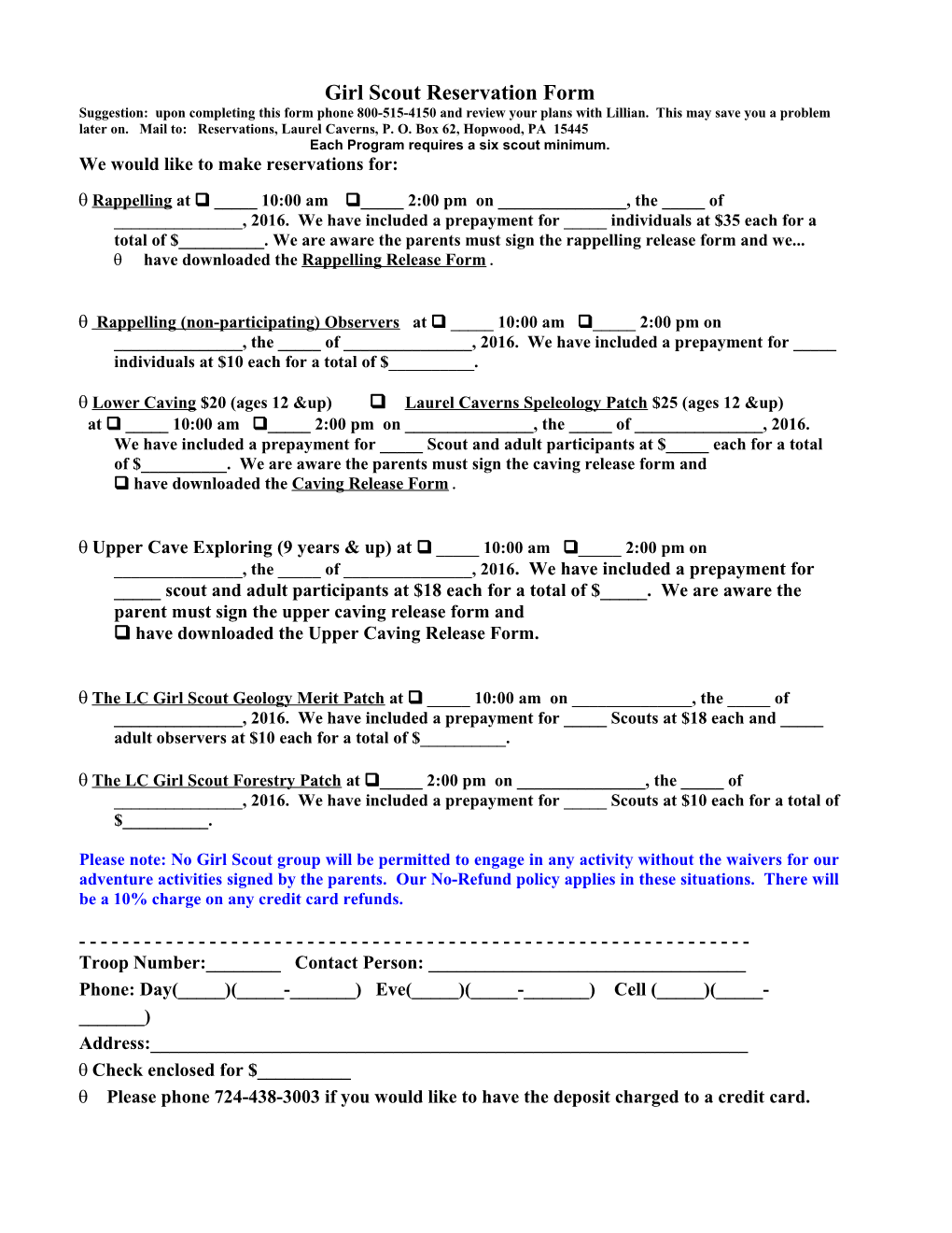 Boy Scout Reservation Form