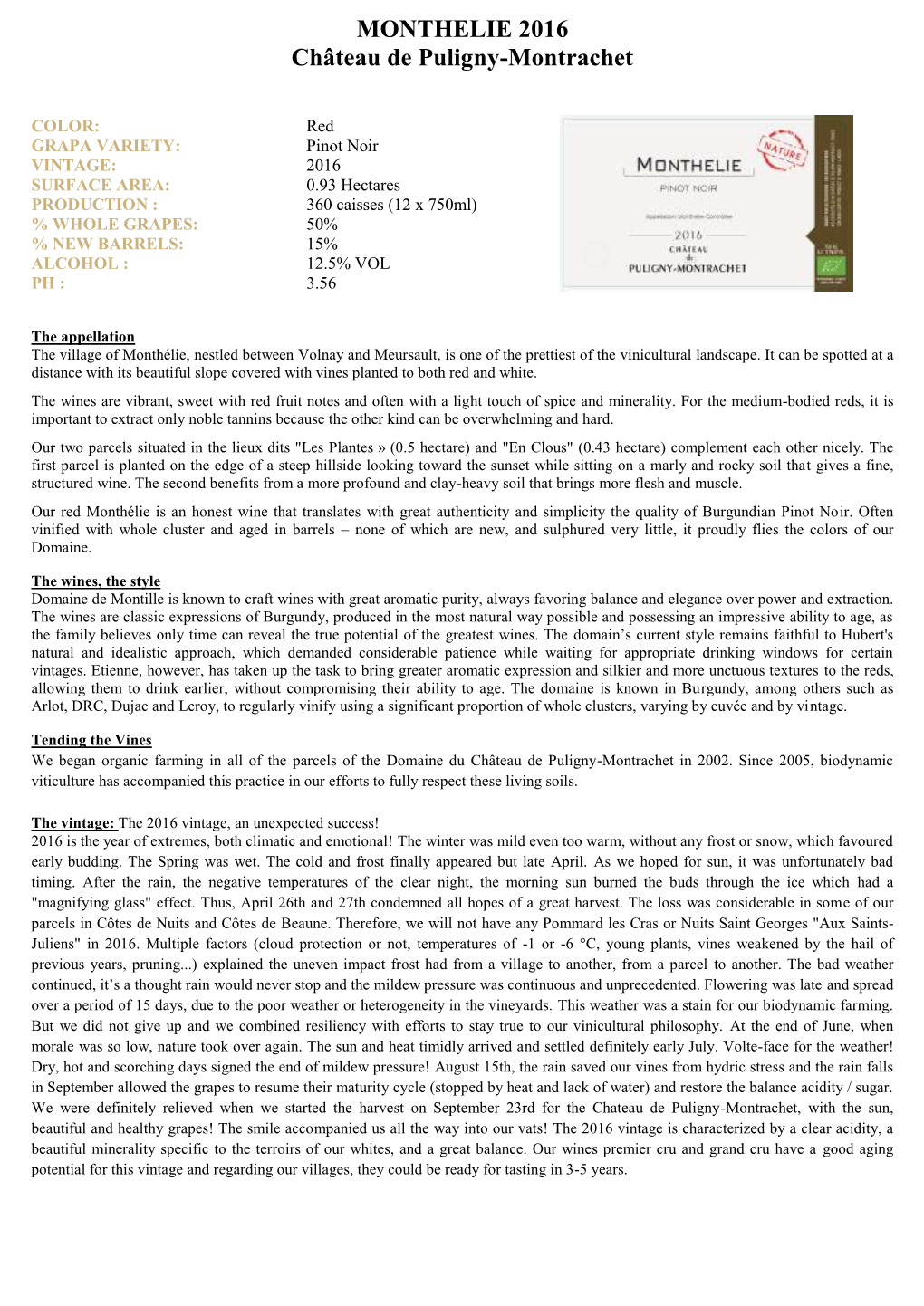 MONTHELIE 2016 Château De Puligny-Montrachet