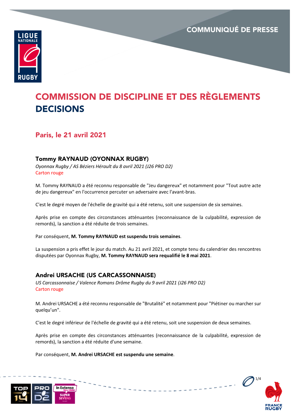 Commission De Discipline Et Des Règlements Decisions