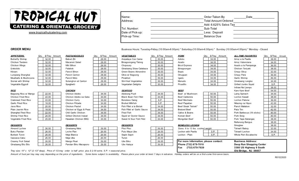 2020 TH1 Party Tray Menu