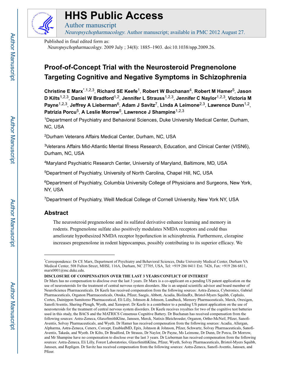 Proof-Of-Concept Trial with the Neurosteroid Pregnenolone Targeting Cognitive and Negative Symptoms in Schizophrenia