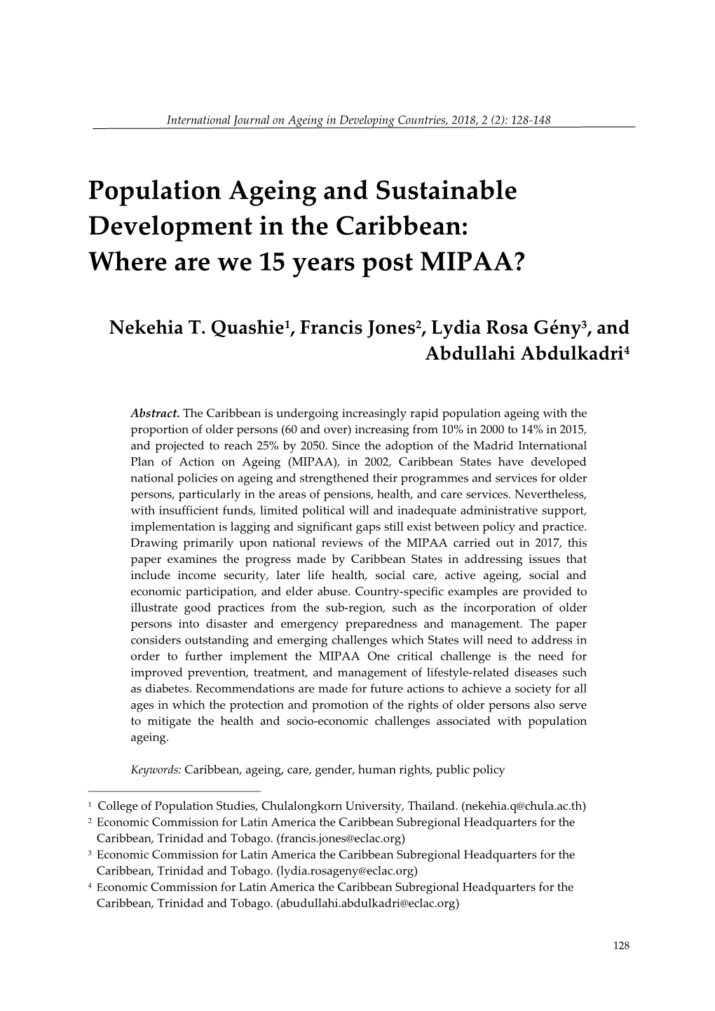 Population Ageing and Sustainable Development in the Caribbean: Where Are We 15 Years Post MIPAA?