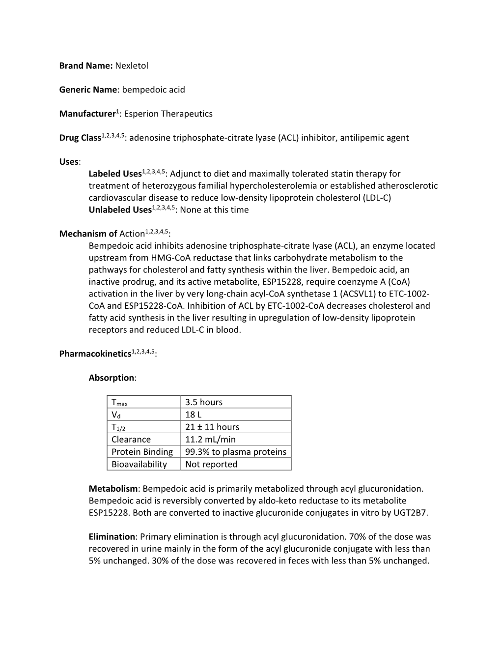 Brand Name: Nexletol Generic Name: Bempedoic Acid Manufacturer1